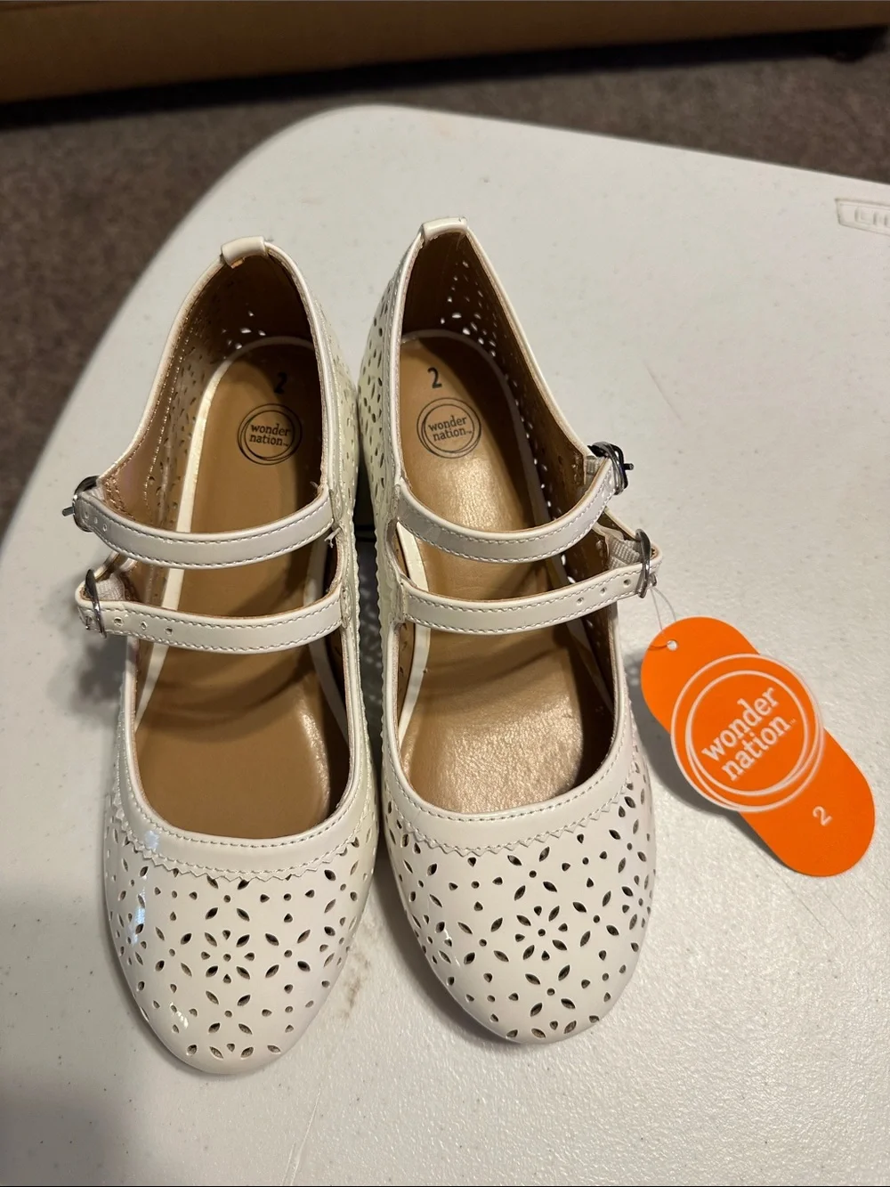 Wonder Nation Cream Laser-Cut Double-Strap Small Heel-Girls- Never Worn w/tag